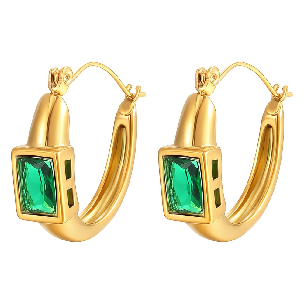 Gold Hoop Earrings With Emerald Green Stone